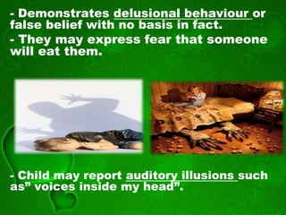 - Demonstrates delusional behaviour or
false belief with no basis in fact.
- They may express fear that someone
will eat them.
- Child may report auditory illusions such
as” voices inside my head”.
 