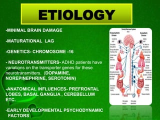 ETIOLOGY
-MINIMAL BRAIN DAMAGE
-MATURATIONAL LAG
-GENETICS- CHROMOSOME -16
- NEUROTRANSMITTERS- ADHD patients have
variations on the transporter genes for these
neurotransmitters. (DOPAMINE,
NOREPINEPHRINE, SEROTONIN)
-ANATOMICAL INFLUENCES- PREFRONTAL
LOBES, BASAL GANGLIA , CEREBELLUM
ETC.
-EARLY DEVELOPMENTAL PSYCHODYNAMIC
FACTORS
 