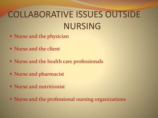 COLLABORATIVE ISSUES OUTSIDE
NURSING
 Nurse and the physician
 Nurse and the client
 Nurse and the health care professionals
 Nurse and pharmacist
 Nurse and nutritionist
 Nurse and the professional nursing organizations
 