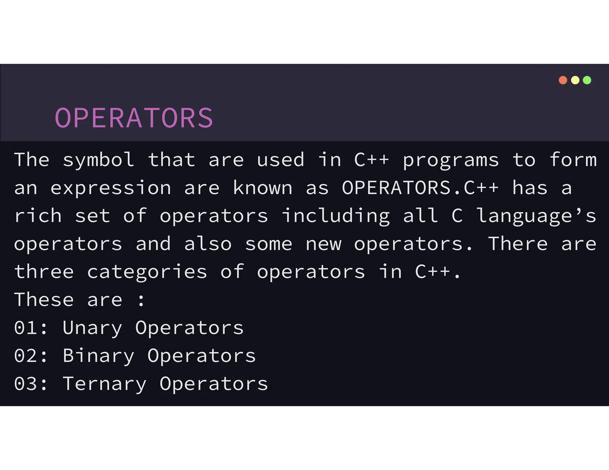 power point presentation on topic in C++ called "OPERATORS" | PPT