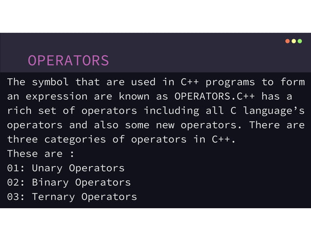 power point presentation on topic in C++ called "OPERATORS" | PPT