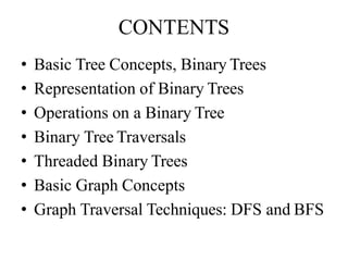 CONTENTS
• Basic Tree Concepts, Binary Trees
• Representation of Binary Trees
• Operations on a Binary Tree
• Binary Tree Traversals
• Threaded Binary Trees
• Basic Graph Concepts
• Graph Traversal Techniques: DFS and BFS
 