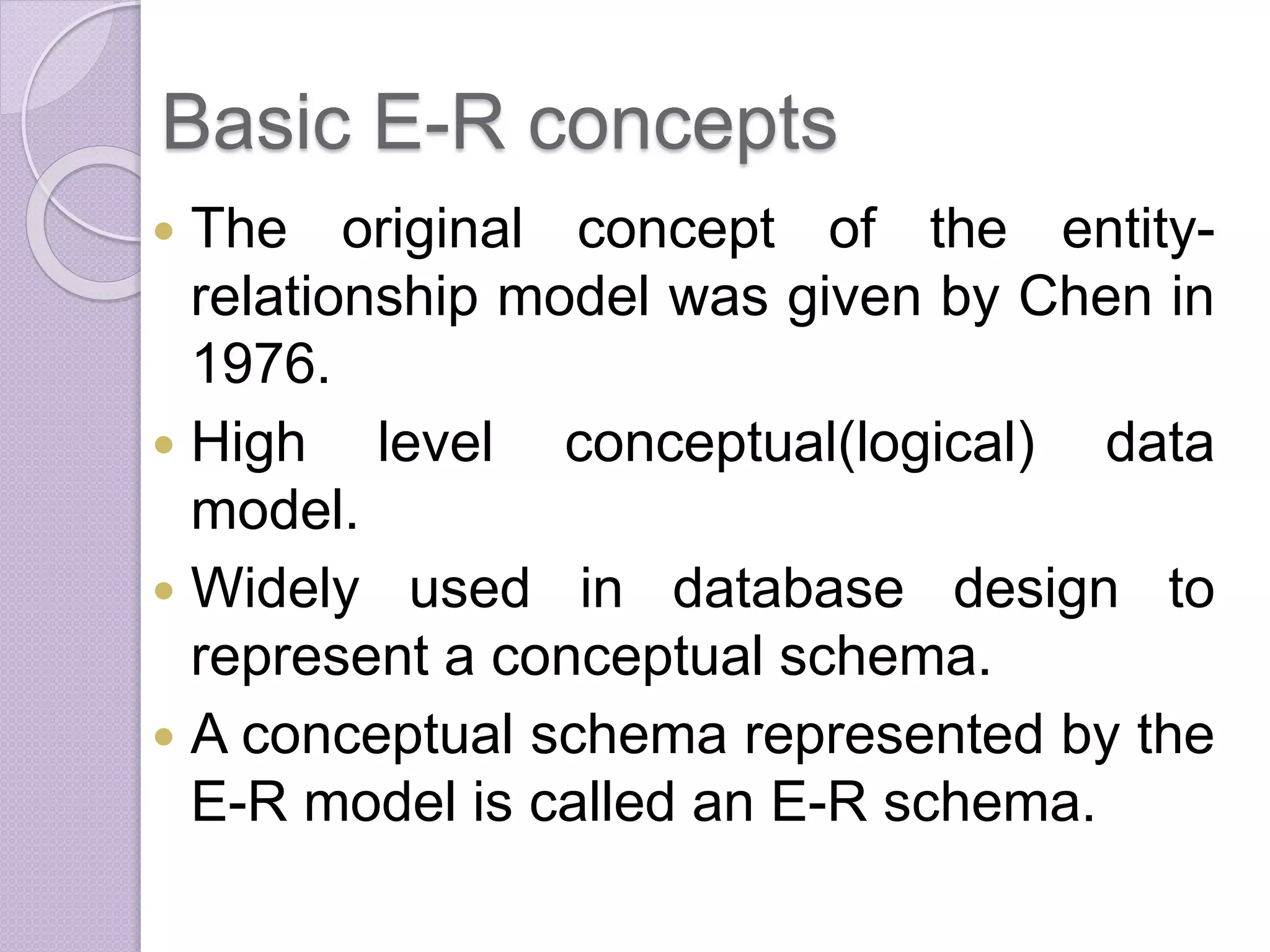 Basic E-R concepts
 The original concept of the entity-
relationship model was given by Chen in
1976.
 High level conceptual(logical) data
model.
 Widely used in database design to
represent a conceptual schema.
 A conceptual schema represented by the
E-R model is called an E-R schema.
 