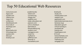 instructure.com
byjus.com
quizlet.com
udemy.com
toppr.com
scribd.com
blackboard.com
boun.edu.tr
duolingo.com
gdz.ru
grammarly.com
schoology.com
quizizz.com
librus.pl
brainly.co.id
academia.edu
clever.com
coursera.org
chegg.com
vedantu.com
index-education.net
pearson.com
uchi.ru brainly.in
learncbse.in
khanacademy.org
studocu.com
ruangguru.com
unam.mx
myflixer.to
pdfdrive.com
dnevnik.ru
coursehero.com
brainly.lat
study.com
mheducation.com
vietjack.com
jagranjosh.com
examinationservices.nic.in
benesse.ne.jp
education.gouv.fr
school.mosreg.ru
wordwall.net
brainly.com
brightspace.com
k12.com
liveworksheets.com
powerschool.com
mathway.com
cengage.com
Top 50 Educational Web Resources
 