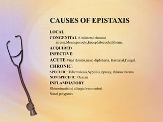 CAUSES OF EPISTAXIS
LOCAL
CONGENITAL :Unilateral choanal
atresia,Meningocoele,Encephalocoele,Glioma.
ACQUIRED
INFECTIVE:
ACUTE:Viral rhinitis,nasal diphtheria, Bacterial,Fungal.
CHRONIC:
SPECIFIC: Tuberculosis,Syphilis,leprosy, rhinoscleroma
NON SPECIFIC: Ozaena.
INFLAMMATORY
Rhinosinusistis( allergic/vasomotor)
Nasal polyposis.
 