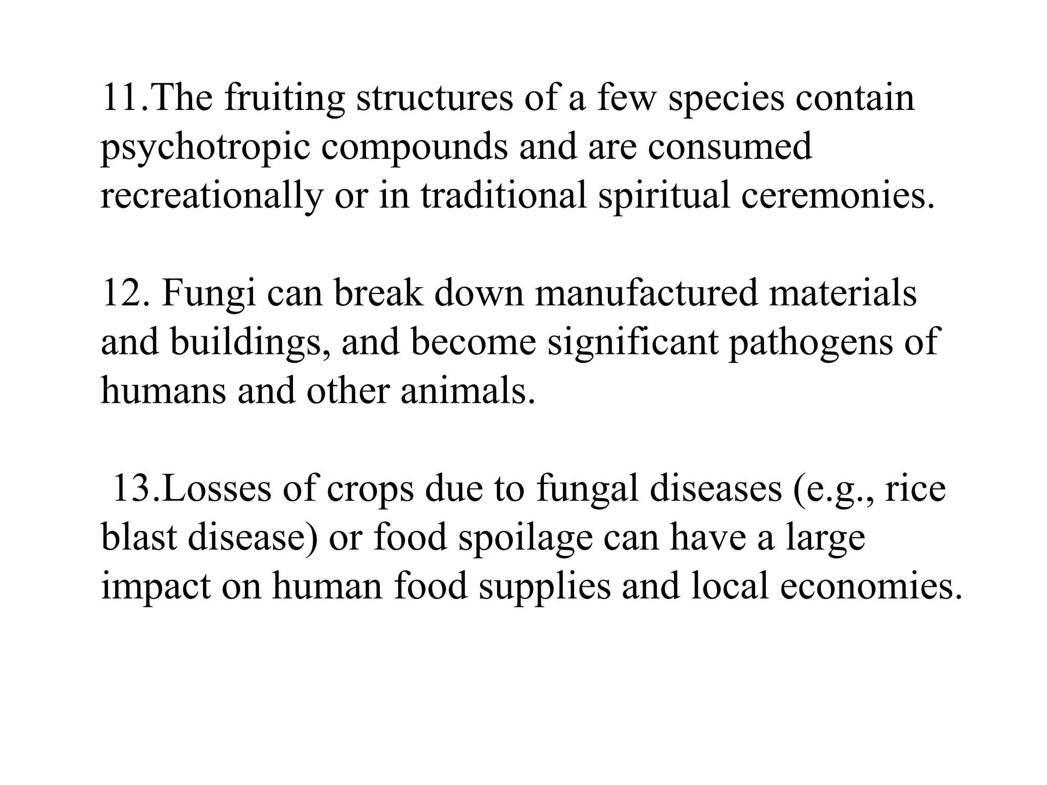 11.The fruiting structures of a few species contain
psychotropic compounds and are consumed
recreationally or in traditional spiritual ceremonies.
12. Fungi can break down manufactured materials
and buildings, and become significant pathogens of
humans and other animals.
13.Losses of crops due to fungal diseases (e.g., rice
blast disease) or food spoilage can have a large
impact on human food supplies and local economies.
 