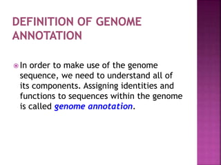  In order to make use of the genome
sequence, we need to understand all of
its components. Assigning identities and
functions to sequences within the genome
is called genome annotation.
 