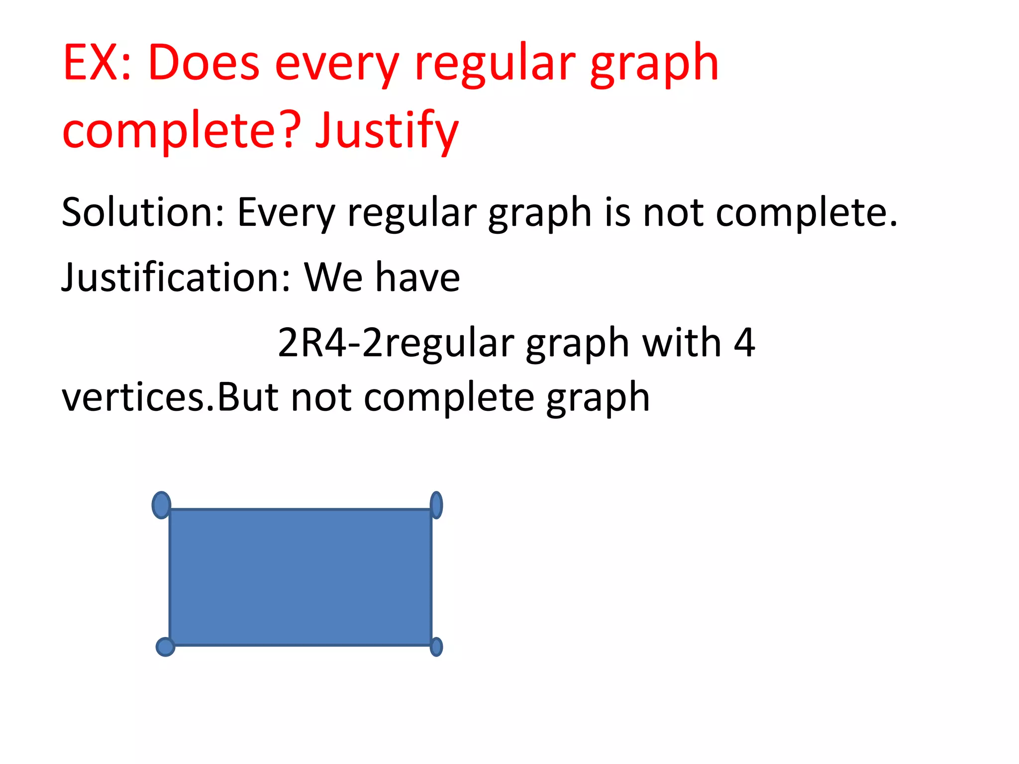 EX: Does every regular graph
complete? Justify
Solution: Every regular graph is not complete.
Justification: We have
2R4-2regular graph with 4
vertices.But not complete graph
 