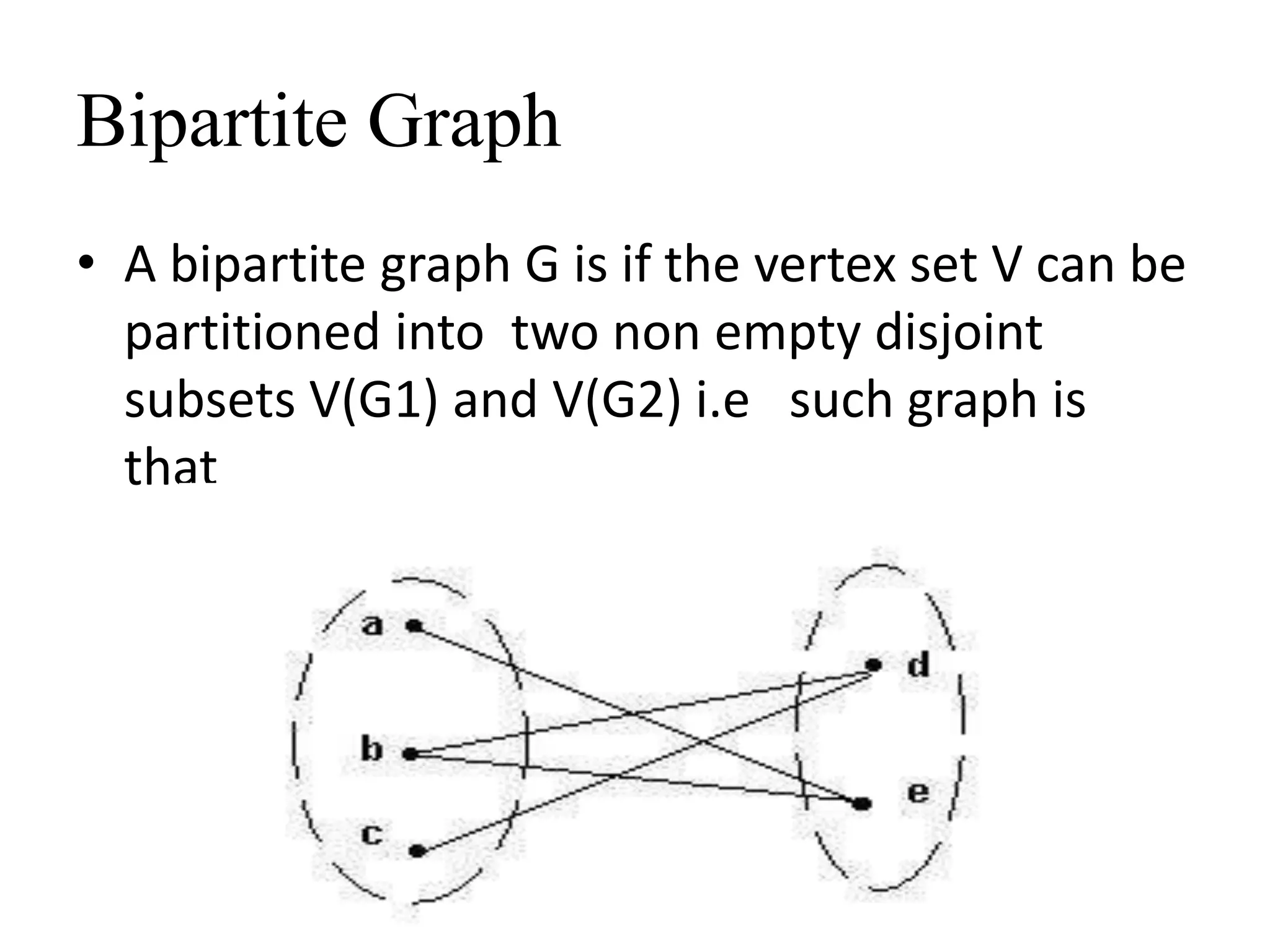 Bipartite Graph
• A bipartite graph G is if the vertex set V can be
partitioned into two non empty disjoint
subsets V(G1) and V(G2) i.e such graph is
that
 