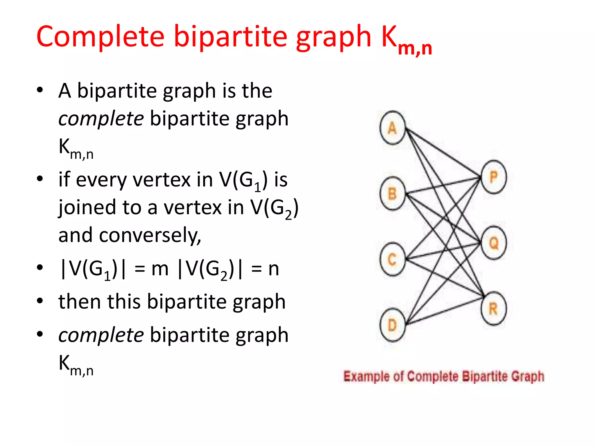 Complete bipartite graph Km,n
• A bipartite graph is the
complete bipartite graph
Km,n
• if every vertex in V(G1) is
joined to a vertex in V(G2)
and conversely,
• |V(G1)| = m |V(G2)| = n
• then this bipartite graph
• complete bipartite graph
Km,n
 
