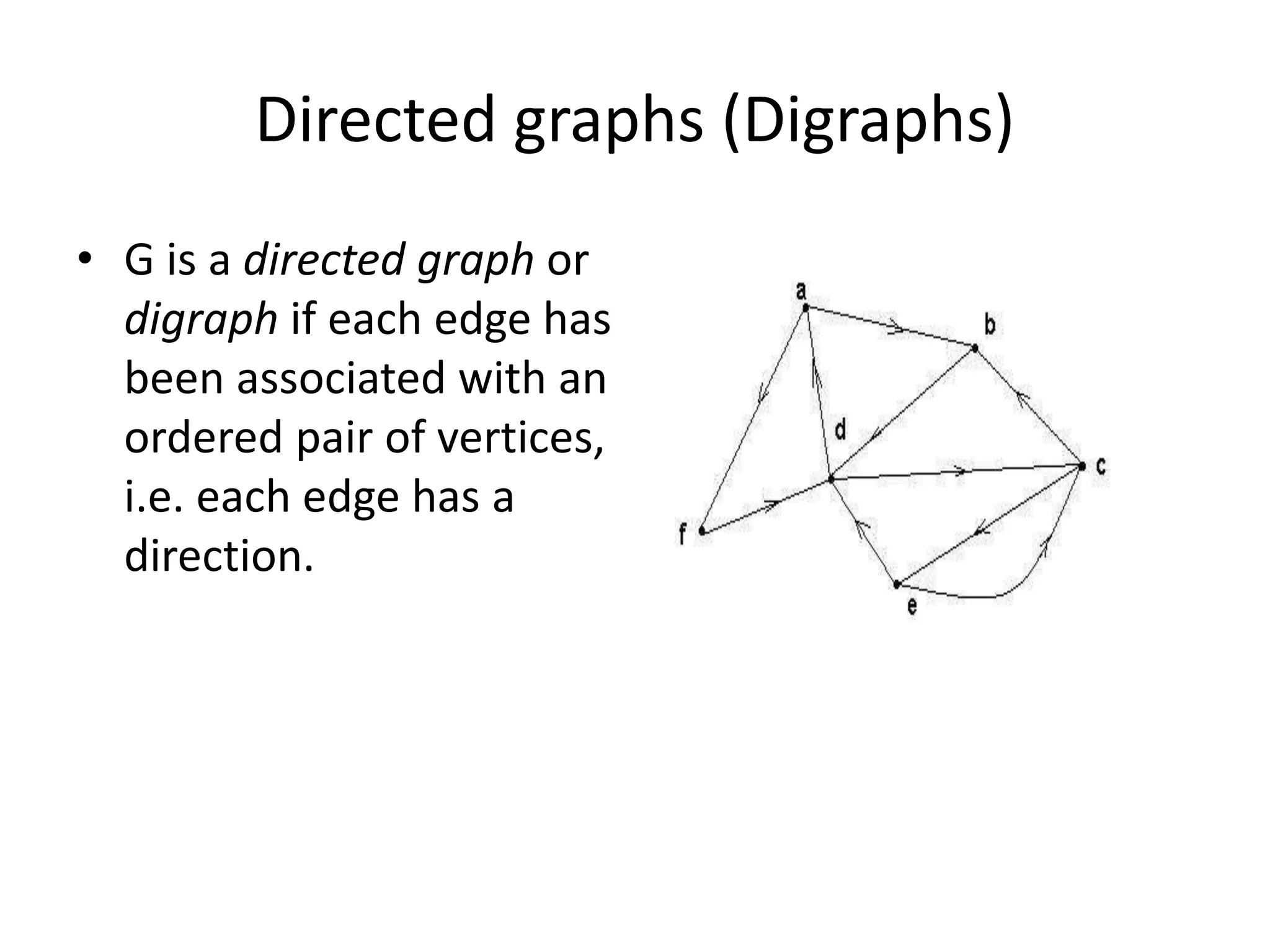 Directed graphs (Digraphs)
• G is a directed graph or
digraph if each edge has
been associated with an
ordered pair of vertices,
i.e. each edge has a
direction.
 