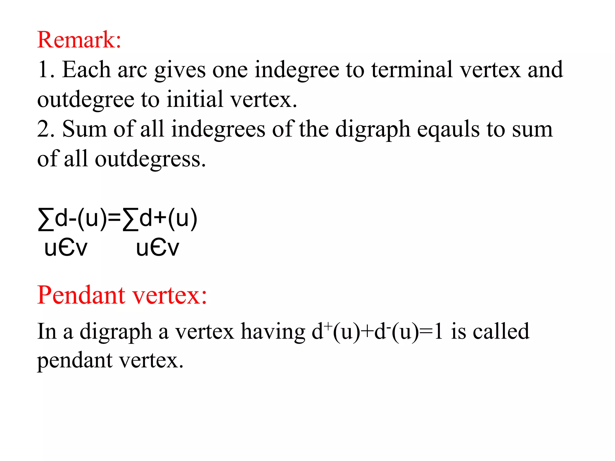 Remark:
1. Each arc gives one indegree to terminal vertex and
outdegree to initial vertex.
2. Sum of all indegrees of the digraph eqauls to sum
of all outdegress.
∑d-(u)=∑d+(u)
uЄv uЄv
Pendant vertex:
In a digraph a vertex having d+(u)+d-(u)=1 is called
pendant vertex.
 