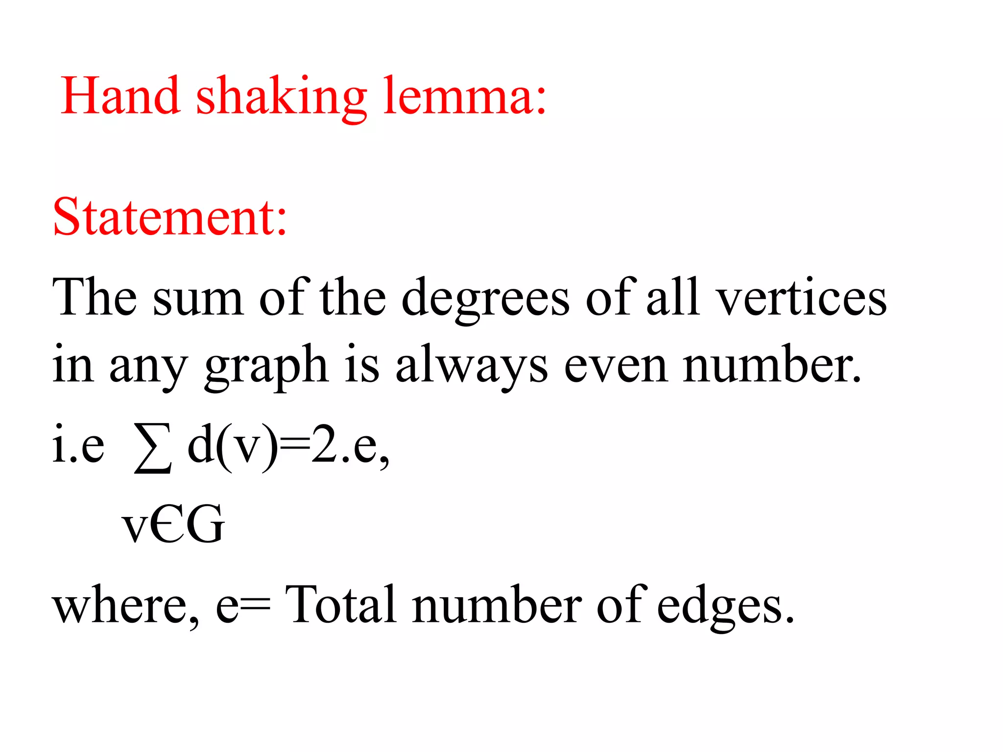 Hand shaking lemma:
Statement:
The sum of the degrees of all vertices
in any graph is always even number.
i.e ∑ d(v)=2.e,
vЄG
where, e= Total number of edges.
 