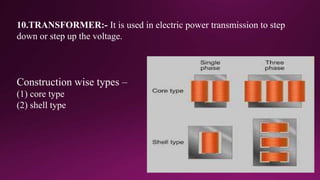 10.TRANSFORMER:- It is used in electric power transmission to step
down or step up the voltage.
Construction wise types –
(1) core type
(2) shell type
 