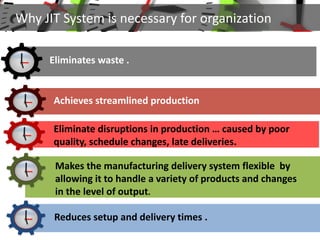Why JIT System is necessary for organization
Eliminates waste .
Achieves streamlined production
Eliminate disruptions in production … caused by poor
quality, schedule changes, late deliveries.
Makes the manufacturing delivery system flexible by
allowing it to handle a variety of products and changes
in the level of output.
Reduces setup and delivery times .
 