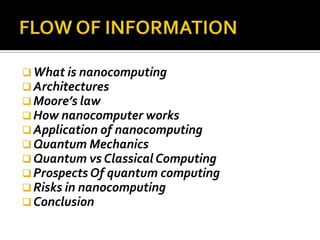  What is nanocomputing
 Architectures
 Moore’s law
 How nanocomputer works
 Application of nanocomputing
 Quantum Mechanics
 Quantum vs Classical Computing
 Prospects Of quantum computing
 Risks in nanocomputing
 Conclusion
 