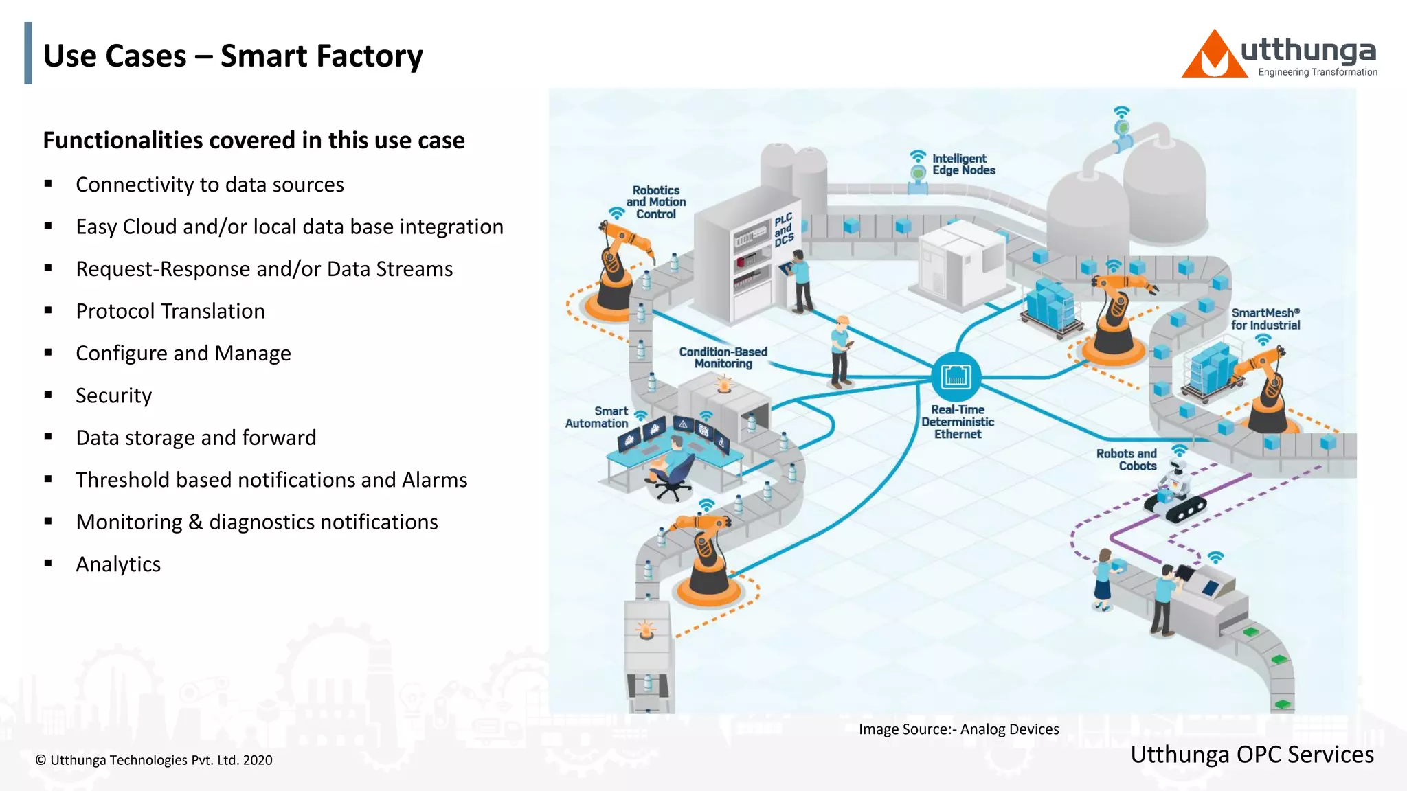 © Utthunga Technologies Pvt. Ltd. 2020
Use Cases – Smart Factory
Functionalities covered in this use case
 Connectivity to data sources
 Easy Cloud and/or local data base integration
 Request-Response and/or Data Streams
 Protocol Translation
 Configure and Manage
 Security
 Data storage and forward
 Threshold based notifications and Alarms
 Monitoring & diagnostics notifications
 Analytics
Utthunga OPC Services
Image Source:- Analog Devices
 