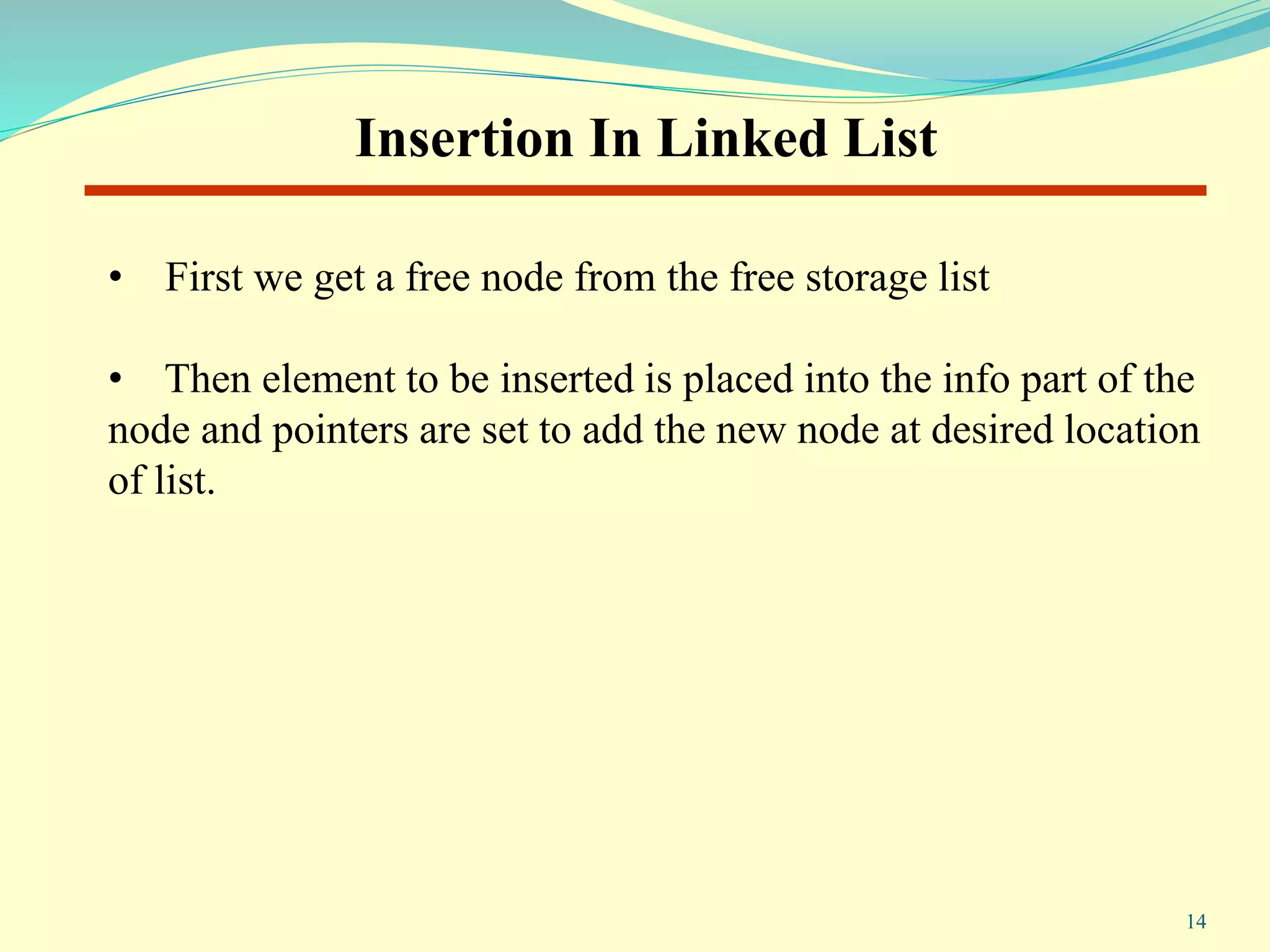 • First we get a free node from the free storage list
• Then element to be inserted is placed into the info part of the
node and pointers are set to add the new node at desired location
of list.
Insertion In Linked List
14
 