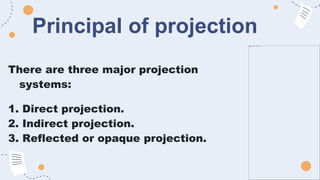 Principal of projection
There are three major projection
systems:
1. Direct projection.
2. Indirect projection.
3. Reflected or opaque projection.
 
