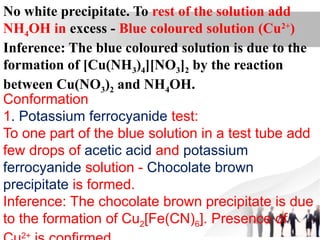 No white precipitate. To rest of the solution add
NH4OH in excess - Blue coloured solution (Cu2+
)
Inference: The blue coloured solution is due to the
formation of [Cu(NH3)4][NO3]2 by the reaction
between Cu(NO3)2 and NH4OH.
Conformation
1. Potassium ferrocyanide test:
To one part of the blue solution in a test tube add
few drops of acetic acid and potassium
ferrocyanide solution - Chocolate brown
precipitate is formed.
Inference: The chocolate brown precipitate is due
to the formation of Cu2[Fe(CN)6]. Presence of
2+
 