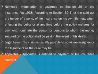  Nominee - Nomination is governed by Section 39 of the
Insurance Act 1938. According to Section 39(1) of the said act
the holder of a policy of life insurance on his own life may, when
effecting the policy or at any time before the policy matures for
payment, nominate the person or persons to whom the money
secured by the policy shall be paid in the event of his death.
 Legal heirs - The claim is usually payable to nominee/assignee or
the legal heirs as the case may be.
 Appointee - Appointee is entitled to payment of life insurance
contract.
 