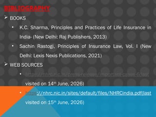 BIBLIOGRAPHY
 BOOKS
• K.C. Sharma, Principles and Practices of Life Insurance in
India- (New Delhi: Raj Publishers, 2013)
• Sachin Rastogi, Principles of Insurance Law, Vol. I (New
Delhi: Lexis Nexis Publications, 2021)
 WEB SOURCES
• https://nhrc.nic.in/press-release/important-cases-6(last
visited on 14th
June, 2026)
• https://nhrc.nic.in/sites/default/files/NHRCindia.pdf(last
visited on 15th
June, 2026)
 