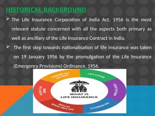 HISTORICAL BACKGROUND
 The Life Insurance Corporation of India Act, 1956 is the most
relevant statute concerned with all the aspects both primary as
well as ancillary of the Life Insurance Contract in India.
 The first step towards nationalisation of life insurance was taken
on 19 January 1956 by the promulgation of the Life Insurance
(Emergency Provisions) Ordinance, 1956.
 
