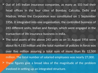  Out of 145 Indian insurance companies, as many as 103 had their
head offices in the four cities of Bombay, Calcutta, Delhi and
Madras. When the Corporation was constituted on 1 September
1956, it integrated into one organisation, the controlled business of
243 different units, Indian and foreign, which were engaged in the
transaction of life insurance business in India.
 The total assets of the above 243 units as on 31 August 1956 were
about Rs 4,110 million and the total number of policies in force was
over five million assuring a total sum of more than Rs 12,500
million. The total number of salaried employees was nearly 27,000.
 These figures give a broad idea of the magnitude of the problem
involved in setting up an integrated structure.
 