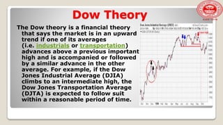 Dow Theory
The Dow theory is a financial theory
that says the market is in an upward
trend if one of its averages
(i.e. industrials or transportation)
advances above a previous important
high and is accompanied or followed
by a similar advance in the other
average. For example, if the Dow
Jones Industrial Average (DJIA)
climbs to an intermediate high, the
Dow Jones Transportation Average
(DJTA) is expected to follow suit
within a reasonable period of time.
 
