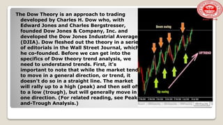 The Dow Theory is an approach to trading
developed by Charles H. Dow who, with
Edward Jones and Charles Bergstresser,
founded Dow Jones & Company, Inc. and
developed the Dow Jones Industrial Average
(DJIA). Dow fleshed out the theory in a series
of editorials in the Wall Street Journal, which
he co-founded. Before we can get into the
specifics of Dow theory trend analysis, we
need to understand trends. First, it's
important to note that while the market tends
to move in a general direction, or trend, it
doesn't do so in a straight line. The market
will rally up to a high (peak) and then sell off
to a low (trough), but will generally move in
one direction. (For related reading, see Peak-
and-Trough Analysis.)
 