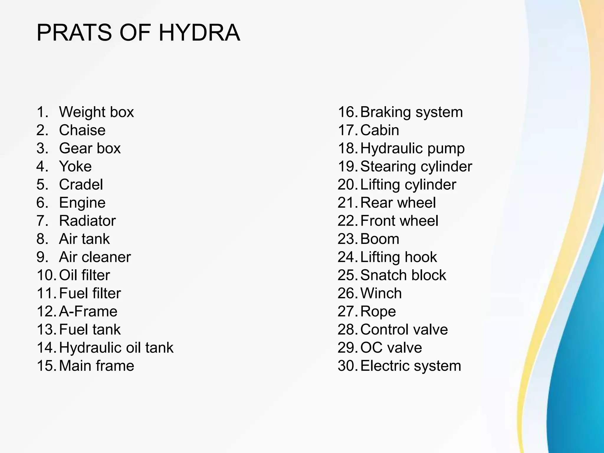 PRATS OF HYDRA
1. Weight box
2. Chaise
3. Gear box
4. Yoke
5. Cradel
6. Engine
7. Radiator
8. Air tank
9. Air cleaner
10.Oil filter
11.Fuel filter
12.A-Frame
13.Fuel tank
14.Hydraulic oil tank
15.Main frame
16.Braking system
17.Cabin
18.Hydraulic pump
19.Stearing cylinder
20.Lifting cylinder
21.Rear wheel
22.Front wheel
23.Boom
24.Lifting hook
25.Snatch block
26.Winch
27.Rope
28.Control valve
29.OC valve
30.Electric system
 