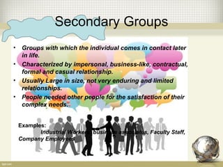Secondary Groups
• Groups with which the individual comes in contact later
in life.
• Characterized by impersonal, business-like, contractual,
formal and casual relationship.
• Usually Large in size, not very enduring and limited
relationships.
• People needed other people for the satisfaction of their
complex needs.
Examples:
Industrial Workers; business associates, Faculty Staff,
Company Employees
 