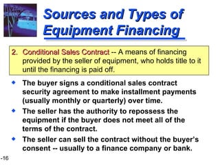 Sources and Types of Equipment Financing The buyer signs a conditional sales contract security agreement to make installment payments (usually monthly or quarterly) over time. The seller has the authority to repossess the equipment if the buyer does not meet all of the terms of the contract. The seller can sell the contract without the buyer’s consent -- usually to a finance company or bank. 2. Conditional Sales Contract  -- A means of financing provided by the seller of equipment, who holds title to it until the financing is paid off. 