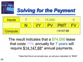 Solving for the Payment The result indicates that a  $74,000  lease that costs  11%  annually for  7 years  will require  $14,147.68 * annual payments. * Note that this is an annuity due, so set your calculator to “BGN” N I/Y PV PMT FV Inputs Compute 7   11   74,000  0 -14147.68 