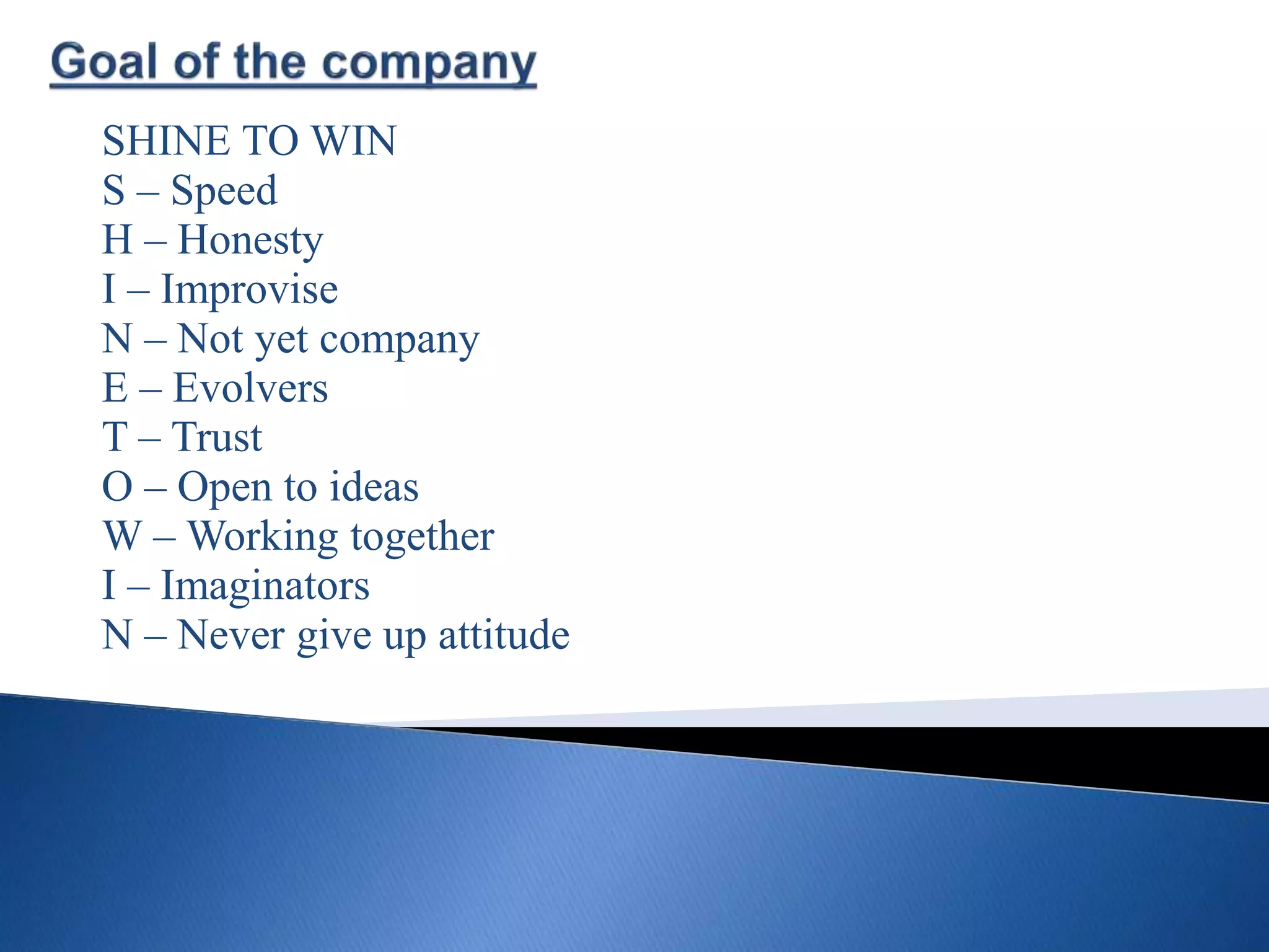 SHINE TO WIN
S – Speed
H – Honesty
I – Improvise
N – Not yet company
E – Evolvers
T – Trust
O – Open to ideas
W – Working together
I – Imaginators
N – Never give up attitude
 