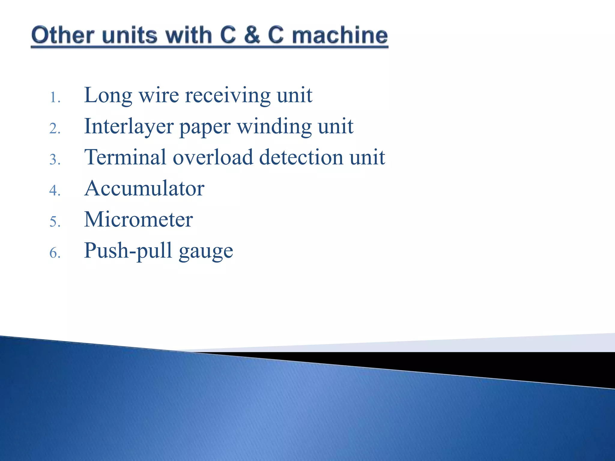 1. Long wire receiving unit
2. Interlayer paper winding unit
3. Terminal overload detection unit
4. Accumulator
5. Micrometer
6. Push-pull gauge
 