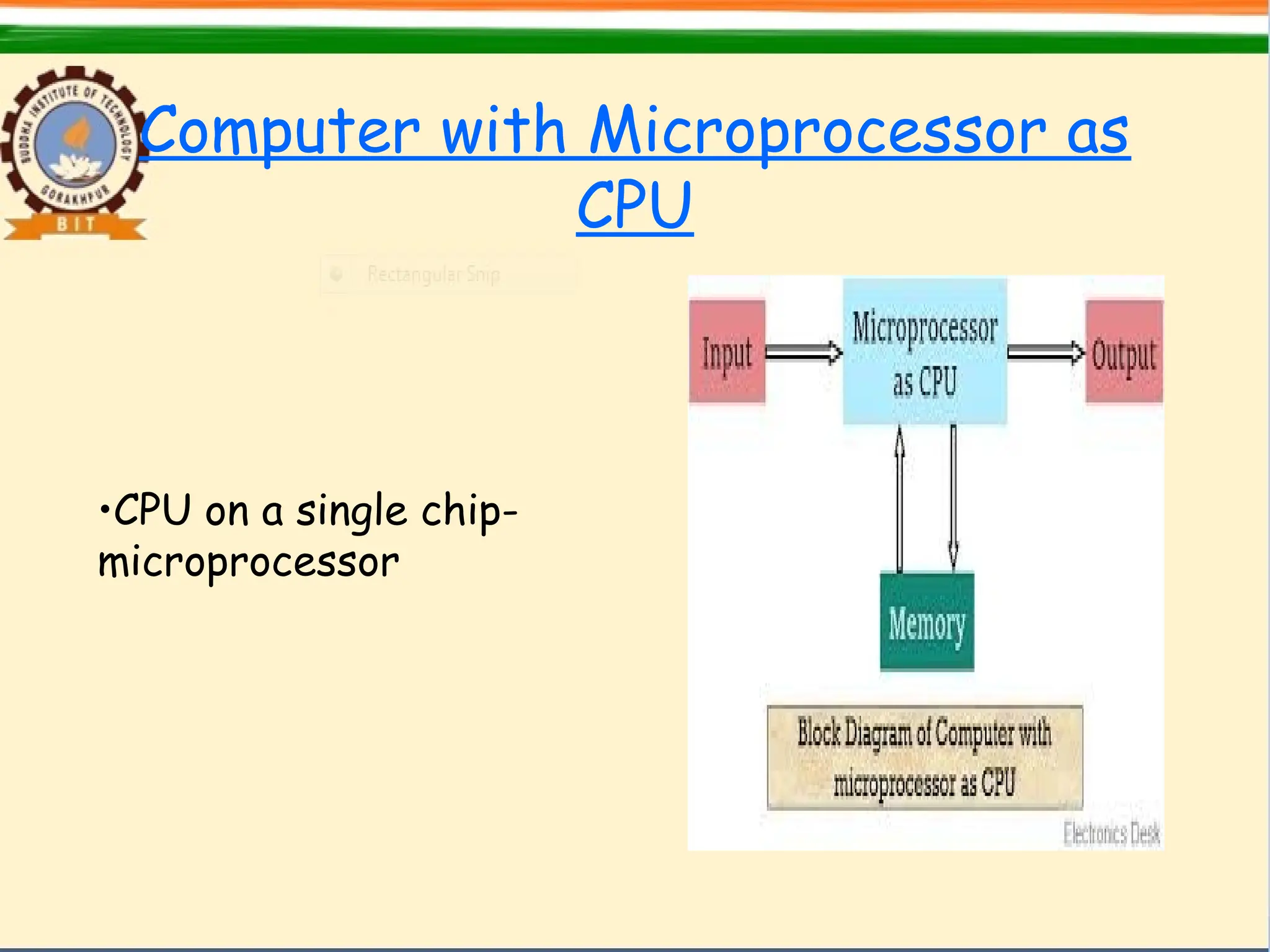 Computer with Microprocessor as
CPU
•CPU on a single chip-
microprocessor
 