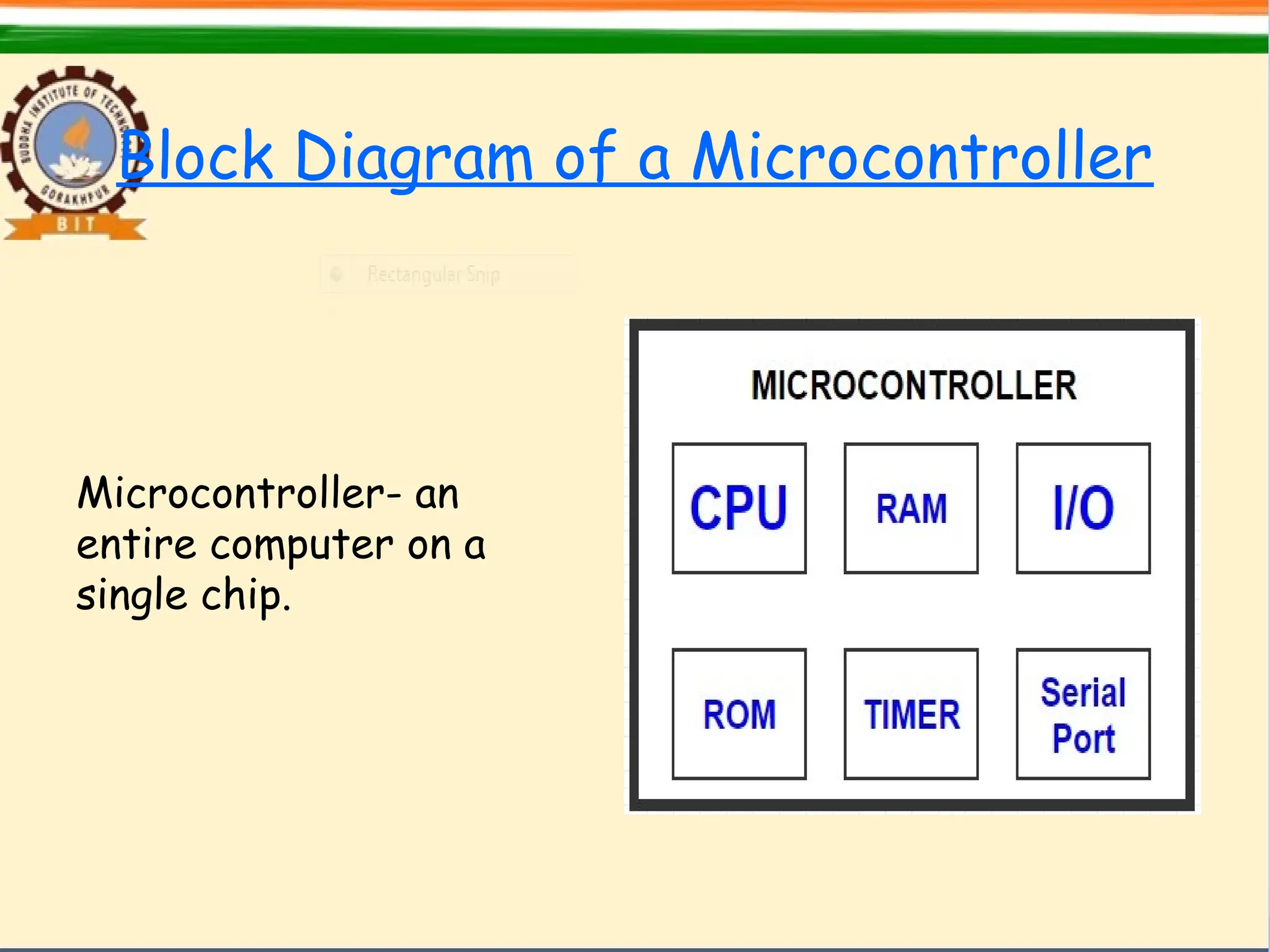 Block Diagram of a Microcontroller
Microcontroller- an
entire computer on a
single chip.
 