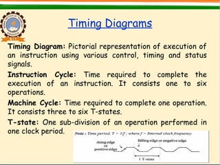 Timing Diagrams
Timing Diagram: Pictorial representation of execution of
an instruction using various control, timing and status
signals.
Instruction Cycle: Time required to complete the
execution of an instruction. It consists one to six
operations.
Machine Cycle: Time required to complete one operation.
It consists three to six T-states.
T-state: One sub-division of an operation performed in
one clock period.
 
