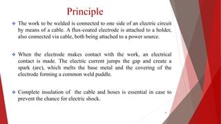 Principle
 The work to be welded is connected to one side of an electric circuit
by means of a cable. A flux-coated electrode is attached to a holder,
also connected via cable, both being attached to a power source.
 When the electrode makes contact with the work, an electrical
contact is made. The electric current jumps the gap and create a
spark (arc), which melts the base metal and the covering of the
electrode forming a common weld puddle.
 Complete insulation of the cable and hoses is essential in case to
prevent the chance for electric shock.
6
 