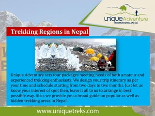 Trekking Regions in Nepal
Unique Adventure sets tour packages meeting needs of both amateur and
experienced trekking enthusiasts. We design your trip itinerary as per
your time and schedule starting from two days to two months. Just let us
know your interest of spot then, leave it all to us to arrange in best
possible way. Also, we provide you a broad guide on popular as well as
hidden trekking areas in Nepal.
 