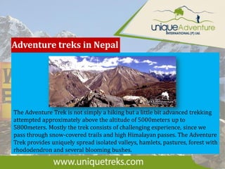 Adventure treks in Nepal
The Adventure Trek is not simply a hiking but a little bit advanced trekking
attempted approximately above the altitude of 5000meters up to
5800meters. Mostly the trek consists of challenging experience, since we
pass through snow-covered trails and high Himalayan passes. The Adventure
Trek provides uniquely spread isolated valleys, hamlets, pastures, forest with
rhododendron and several blooming bushes.
 