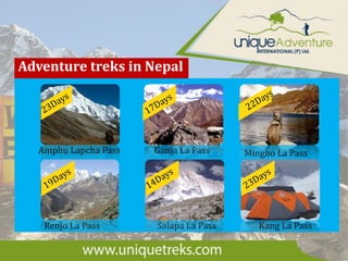 Adventure treks in Nepal
Amphu Lapcha Pass
Renjo La Pass
Ganja La Pass
Salapa La Pass
Mingbo La Pass
Kang La Pass
 