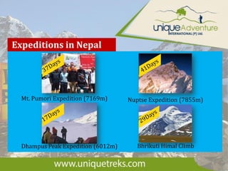 Expeditions in Nepal
Mt. Pumori Expedition (7169m) Nuptse Expedition (7855m)
Bhrikuti Himal ClimbDhampus Peak Expedition (6012m)
 