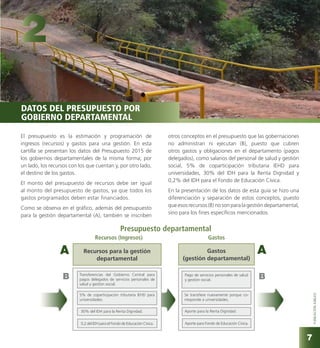 FUNDACIÓNJUBILEO
2
Datos del presupuesto por
gobierno departamental
Presupuesto departamental
Recursos (Ingresos) Gastos
Recursos para la gestión
departamental
Gastos
(gestión departamental)
Transferencias del Gobierno Central para
pagos delegados de servicios personales de
salud y gestión social.
30% del IDH para la Renta Dignidad.
0,2 del IDH para el Fondo de Educación Cívica.
Pago de servicios personales de salud
y gestión social.
Aporte para la Renta Dignidad.
Aporte para Fondo de Educación Cívica.
A A
B B
5% de coparticipación tributaria IEHD para
universidades.
Se transfiere nuevamente porque co-
rresponde a universidades.
El presupuesto es la estimación y programación de
ingresos (recursos) y gastos para una gestión. En esta
cartilla se presentan los datos del Presupuesto 2015 de
los gobiernos departamentales de la misma forma; por
un lado, los recursos con los que cuentan y, por otro lado,
el destino de los gastos.
El monto del presupuesto de recursos debe ser igual
al monto del presupuesto de gastos, ya que todos los
gastos programados deben estar financiados.
Como se observa en el gráfico, además del presupuesto
para la gestión departamental (A), también se inscriben
otros conceptos en el presupuesto que las gobernaciones
no administran ni ejecutan (B), puesto que cubren
otros gastos y obligaciones en el departamento (pagos
delegados), como salarios del personal de salud y gestión
social, 5% de coparticipación tributaria IEHD para
universidades, 30% del IDH para la Renta Dignidad y
0,2% del IDH para el Fondo de Educación Cívica.
En la presentación de los datos de esta guía se hizo una
diferenciación y separación de estos conceptos, puesto
queesosrecursos(B)nosonparalagestióndepartamental,
sino para los fines específicos mencionados.
7
 