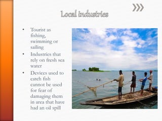 • Tourist as
fishing,
swimming or
sailing
• Industries that
rely on fresh sea
water
• Devices used to
catch fish
cannot be used
for fear of
damaging them
in area that have
had an oil spill
 