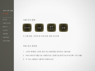 우리가족 어플
한 지붕
앱 소개
사용자 리서치
페르소나
시나리오
과업모델
사용자여정
와이어프레임
사용 조사 방법
인터뷰 녹음
설문
조사
주 사용 방법 : 인터뷰 및 녹취/녹음, 설문 조사이용
주된 조사 포인트
1 스마트 폰(혹은 스마트 폰이 아닌 휴대전화) 보유자의 소통 방법
2 커뮤니케이션 어플/기능 사용량 비교 (전화기능/문자기능/카카오톡/ 기타 어플)
3 각 기능 사용량과 사용자의 연령대 비교
관찰
 