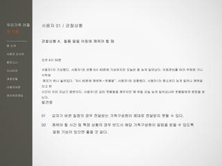 우리가족 어플
한 지붕
앱 소개
사용자 리서치
페르소나
시나리오
과업모델
사용자여정
와이어프레임
사용자 01 / 관찰상황
관찰상황 A. 둘째 딸을 아침에 깨워야 할 때
오전 6시 50분
사용자1이 기상했다. 사용자1은 보통 6시 40분에 기상하지만 오늘은 좀 늦게 일어났다. 아침준비를 하러 부엌에 가니
식탁에
메모가 하나 놓여있다. “6시 40분에 깨워줘ㅡ첫째딸”. 사용자1은 당황했다. 사용자1이 평소보다 늦게 일어나 깨워달
라고 한
시간이 이미 지났기 때문이다. 사용자1은 급히 첫째딸을 깨우지만 왜 하필 오늘 늦게 일어났냐며 첫째딸에게 원망을 받
는다.
발견점
01 갑자기 바뀐 일정의 경우 전달받는 가족구성원이 제대로 전달받지 못할 수 있다.
02 깨워야 할 시간 등 특정 상황의 경우 반드시 해당 가족구성원이 알림을 받을 수 있도록
알람 기능이 있으면 좋을 것 같다.
 