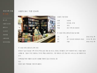 우리가족 어플
한 지붕
앱 소개
사용자 리서치
페르소나
시나리오
과업모델
사용자여정
와이어프레임
사용자 04 / 기본 리서치
이름 이윤희
나이 67년생, 47세
성별 여자
역할 4인 가족 중 모(엄마)
주 사용 커뮤니케이션 대상 및 방법
1위 딸 전화,카카오 톡
2위 친구 (비슷한 연령대의 여성) 카카오 톡, 문자
3위 아들 전화,카카오 톡
주 사용 커뮤니케이션 선택 이유
연령대가 높은 대상일 수록 카카오 톡과 같은 채팅 앱 보다는 전화나 문자를 더 자주 이용하게 된다. 아들과 딸과
소통할 때 그들이 주로 이용하는 카카오 톡을 사용하지만, 기본 채팅과 사진 전송 외의 서비스는 잘 이용하지 않
는다.
가족만을 위한 어플이 있다면 사용할 의향이 있는가/바라는 점
YES
어렵지 않은 작동법을 가졌으면 좋겠다.
사용자 기본 정보
 