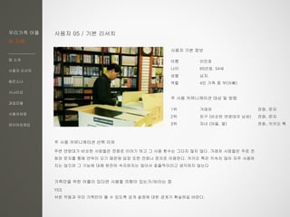 우리가족 어플
한 지붕
앱 소개
사용자 리서치
페르소나
시나리오
과업모델
사용자여정
와이어프레임
사용자 05 / 기본 리서치
이름 이민호
나이 60년생, 54세
성별 남자
역할 4인 가족 중 부(아빠)
주 사용 커뮤니케이션 대상 및 방법
1위 거래처 전화, 문자
2위 친구 (비슷한 연령대의 남성) 전화, 문자
3위 자녀 (아들, 딸) 전화, 카카오 톡
주 사용 커뮤니케이션 선택 이유
주변 연령대가 비슷한 사람들은 전화로 이야기 하고 그 사용 횟수는 그다지 많지 않다. 거래처 사람들은 주로 전
화와 문자를 통해 연락이 오기 때문에 답장 또한 전화나 문자로 이용한다. 카카오 톡은 익숙치 않아 자주 사용하
지는 않으며 그 기능에 대해 완전히 숙지하지는 않아서 효율적이라고 생각하지 않는다
가족만을 위한 어플이 있다면 사용할 의향이 있는가/바라는 점
YES
쉬운 작동과 우리 가족만이 볼 수 있도록 공개 설정에 대한 경계가 확실하길 바란다.
사용자 기본 정보
 